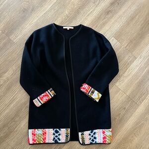 Navy Open-Front Sweater with Multicolor Accents